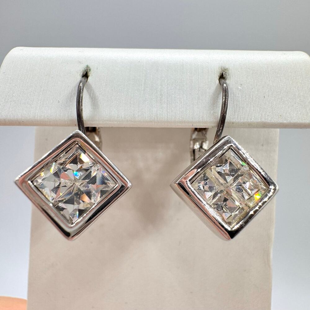 Nolan Miller Princess Cut Square Crystal Dangle Earrings Silver Tone Signed
